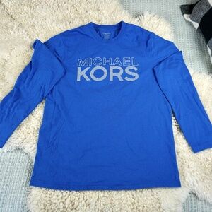 Michael KORS T Shirt Men Sz Med Blue Long Sleeve White Logo Tee Lightweight